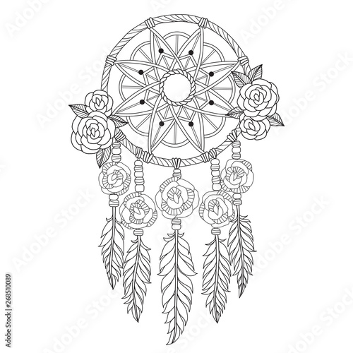 Hand drawn sketch illustration of Indian dream catcher for adult coloring book.