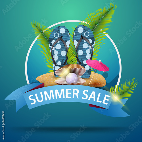 Summer sale, round discount clickable web banner with ribbon for your website or business with flip flops, pearl and palm leaves photo