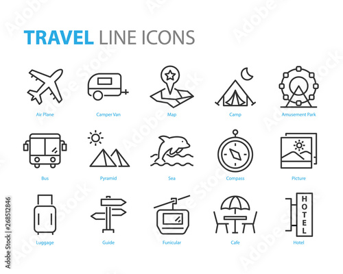 set of travel line icons, such as vacation, camping, airplane, passport, beach, mountain, forest