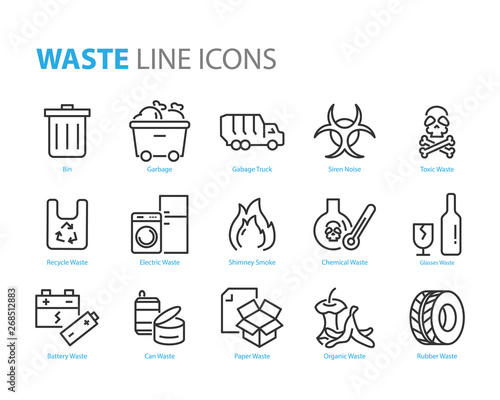 set of waste icons, such as garbage, recycle, pastic, glass
