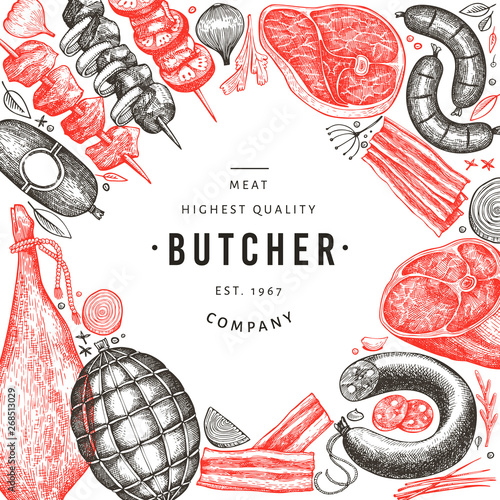 Vintage vector meat products design template. Hand drawn ham, sausages, jamon, spices and herbs. Raw food ingredients. Retro illustration. Can be use for label, restaurant menu. photo