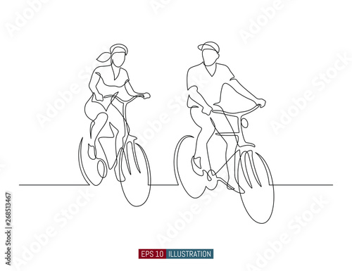 Continuous line drawing of man and woman riding bicycles. Template for your design works. Vector illustration.
