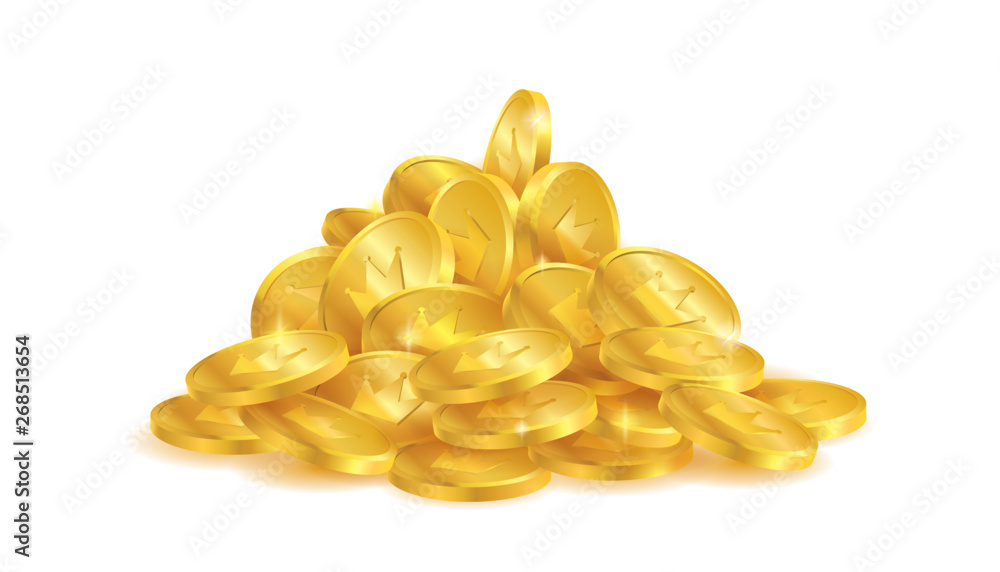 Fototapeta premium Pile of golden coins with crown symbol on white background.