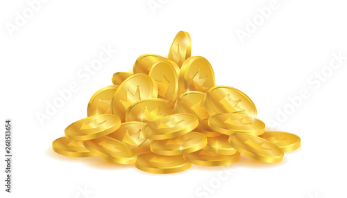 Pile of golden coins with crown symbol on white background.