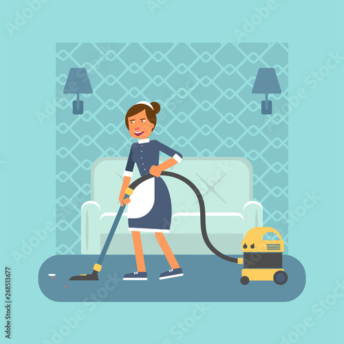 Housekeeper with hoover flat vector illustration