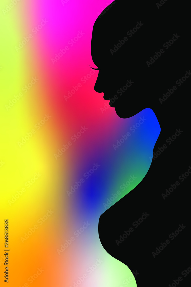 silhouette side view Woman with rainbow background