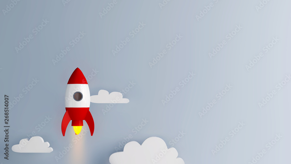 Business startup or project take off concept. Cartoon rocket launching into space. Minimal style. 3d render. Business startup or project take off concept. Cartoon rocket launching into space. Minimal style. 3d render.