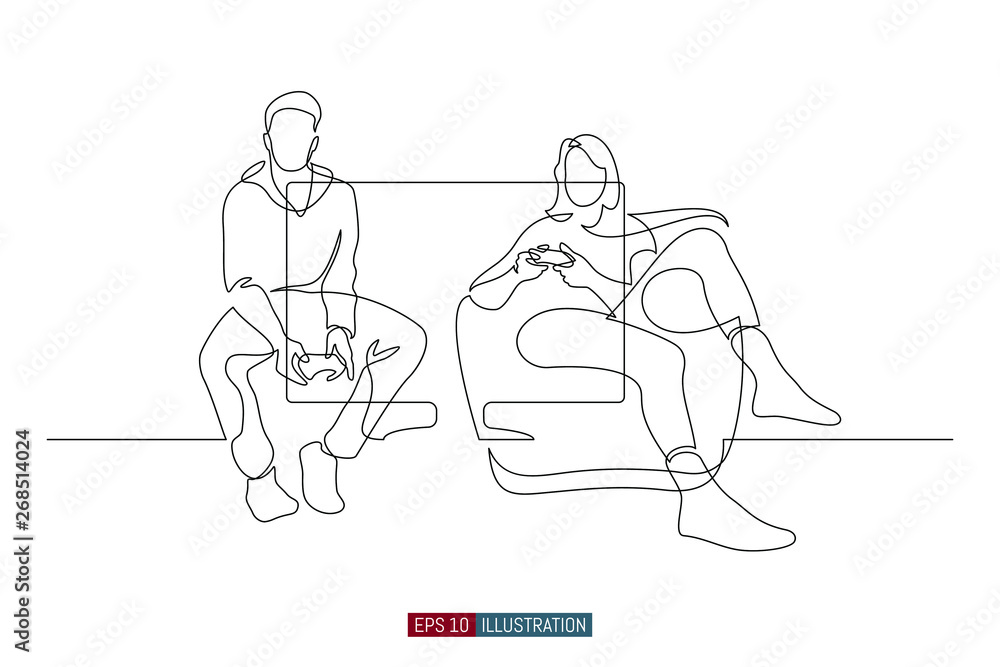 Continuous line drawing of gamers. Template for your design. Vector illustration. Continuous line drawing of gamers. Template for your design. Vector illustration.