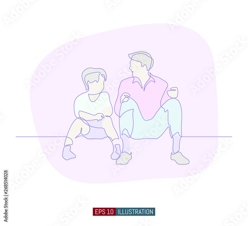 Continuous line drawing of father and son sit and talk. Template for your design works. Vector illustration.