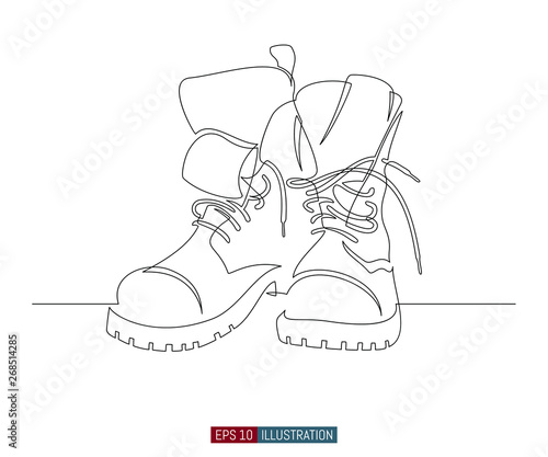 Continuous line drawing of military style boots. Template for your design works. Vector illustration.