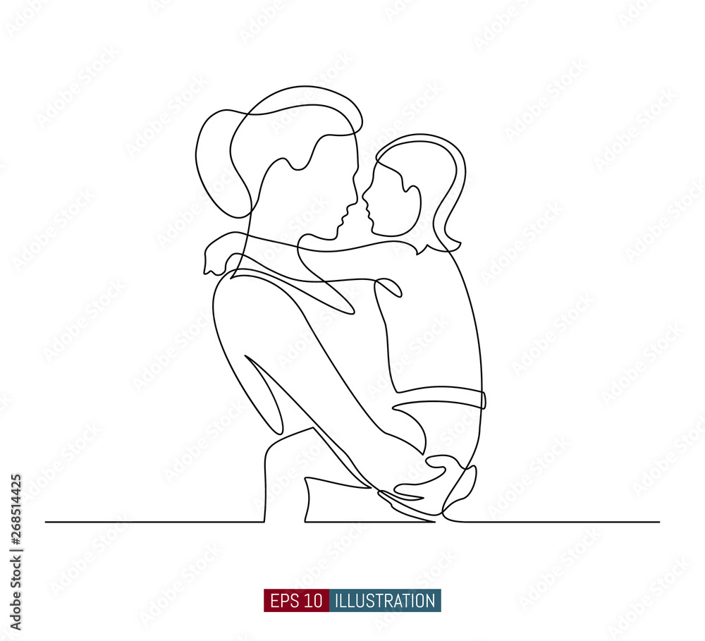 Obraz premium Continuous line drawing of mother and child. Abstract mom and baby silhouette. Template for your design. Vector illustration.