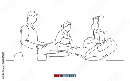 Continuous line drawing of doctors and patient. Hospital scene. Template for your design works. Vector illustration.