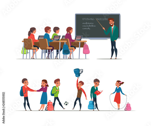 Pupils at school flat illustrations set