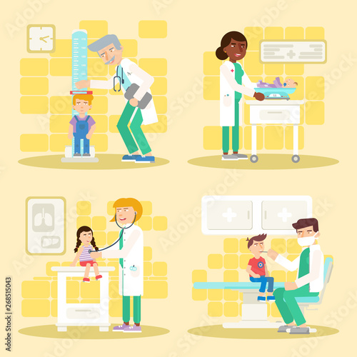 Kids in pediatrics office flat illustrations set