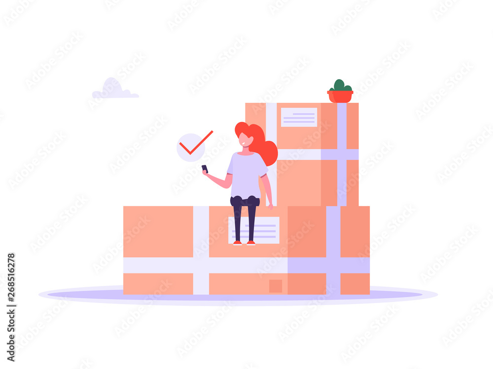 Concept of delivery, shipping, online service, feedback. Happy people getting order online with box and smartphone. Vector illustration in flat design Concept of delivery, shipping, online service, feedback. Happy people getting order online with box and smartphone. Vector illustration in flat design