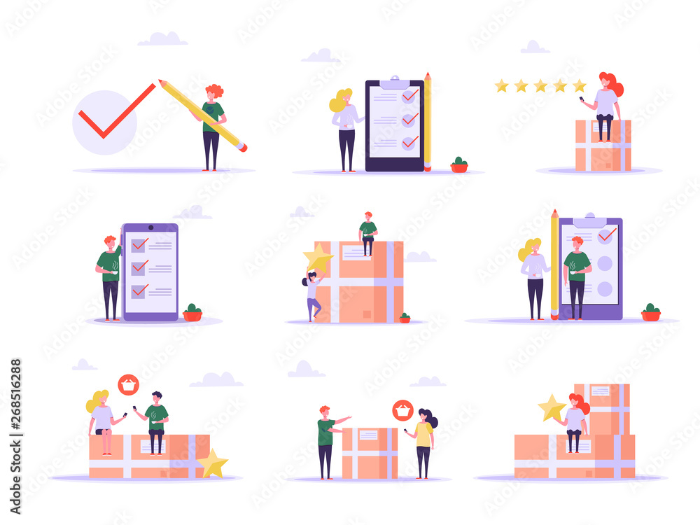 Concept of delivery, shipping, online service, feedback. Happy people getting order online with box and smartphone. Vector illustration in flat design Concept of delivery, shipping, online service, feedback. Happy people getting order online with box and smartphone. Vector illustration in flat design