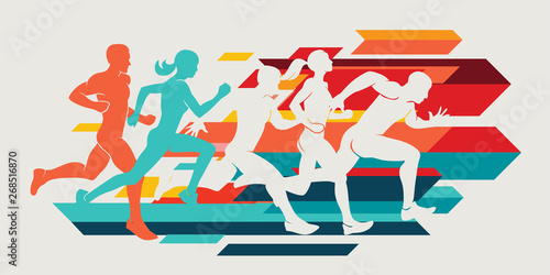 running people set of silhouettes, sport and activity  background