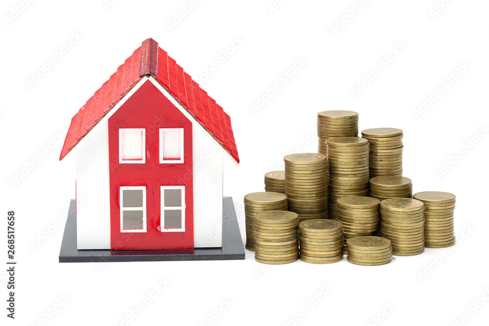 House and stack of coins isolated on white background, Real estate investment, Save money with stack coin, Business growth investment and financial, Mortgage concept. House and stack of coins isolated on white background, Real estate investment, Save money with stack coin, Business growth investment and financial, Mortgage concept.