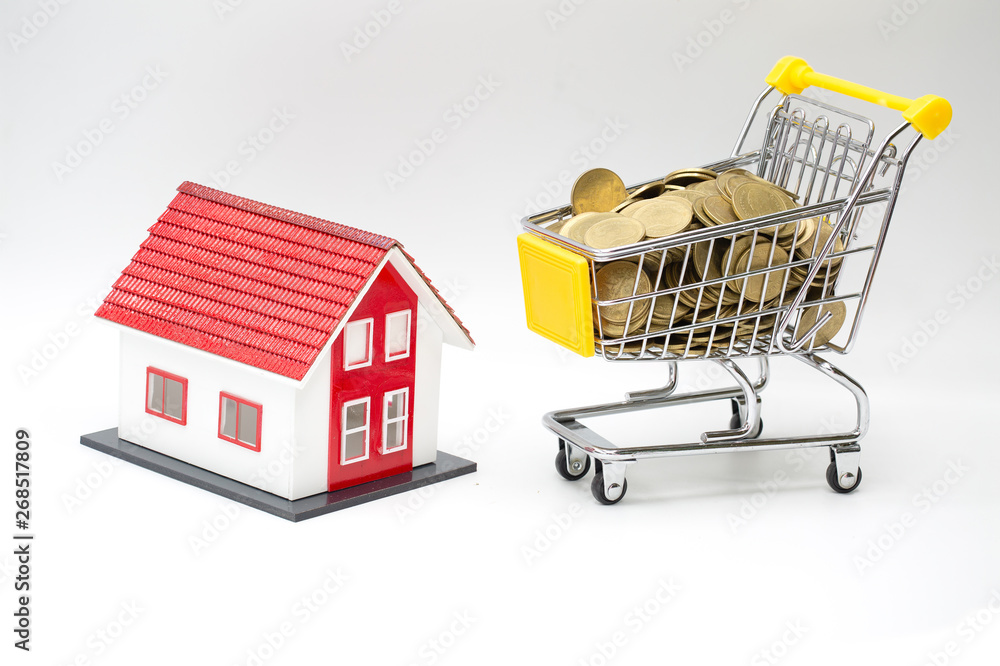 Model red house and coin in shopping cart concept for mortgage saving on white background. Model red house and coin in shopping cart concept for mortgage saving on white background.