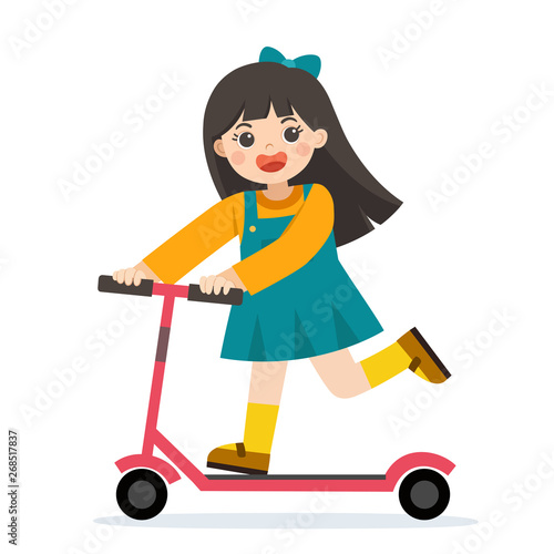 Happy girls on scooter having fun outside. A girl having free time playing for riding kick scooters outdoors.