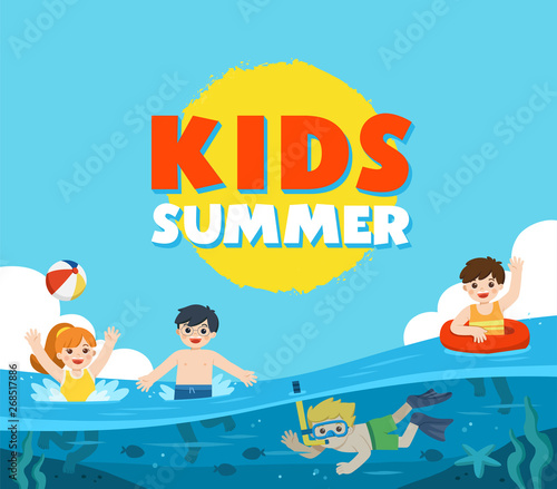 Happy kids play and swim in the sea. A Little boy diving with fish under the ocean. Kids having fun outdoors. Illustration Of Summer Kids.