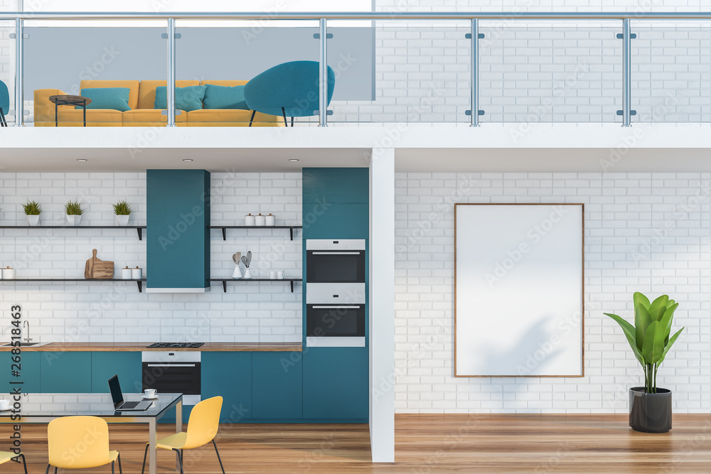 White brick office lounge and kitchen with poster White brick office lounge and kitchen with poster