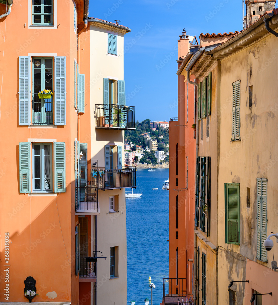 View of old town in  Villefranche-sur-Mer , Cote d'Azur, French Riviera, close to  Nice.