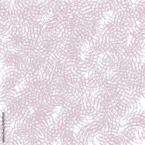 Abstract background with gray pink cross hatching. Colorful light purple curves. Curly mixed shapes design for print, textile, fabric, fashion. Tender violet , salmon shade. Semicircle elements