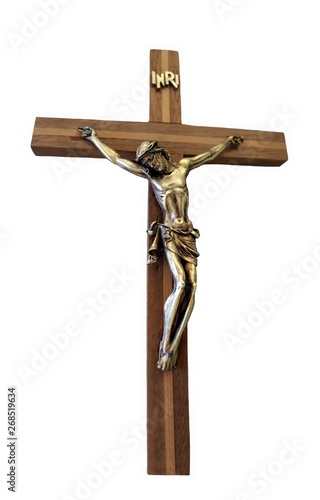 Leinwand Poster Front on view of crucifix with metal figure of Christ isolated on white backgrou