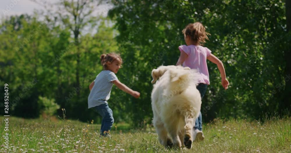 Authentic shot of two little girls are running together with their playful pet pedigreed Golden Retriever dog in a green park in a sunny day. Authentic shot of two little girls are running together with their playful pet pedigreed Golden Retriever dog in a green park in a sunny day.