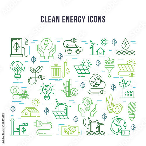 Set of linear icons on the theme of clean energy. Green energy from renewable sources in a set of isolated colored icons in a linear style.