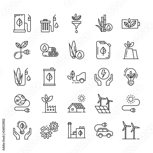 Monochrome illustrations of icons relating to the production and distribution of green energy, white background.