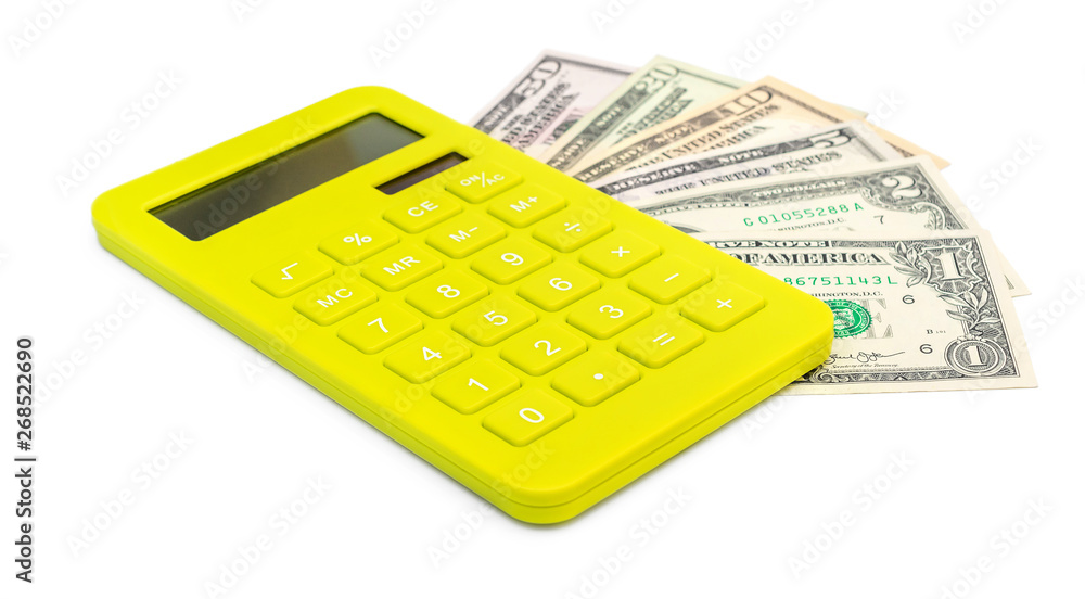 Calculator with different dollar bills on white. Calculator with different dollar bills on white.