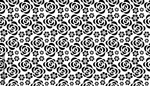 Flower geometric pattern with roses. Seamless vector background. White and black ornament. Ornament for fabric, wallpaper, packaging, Decorative print