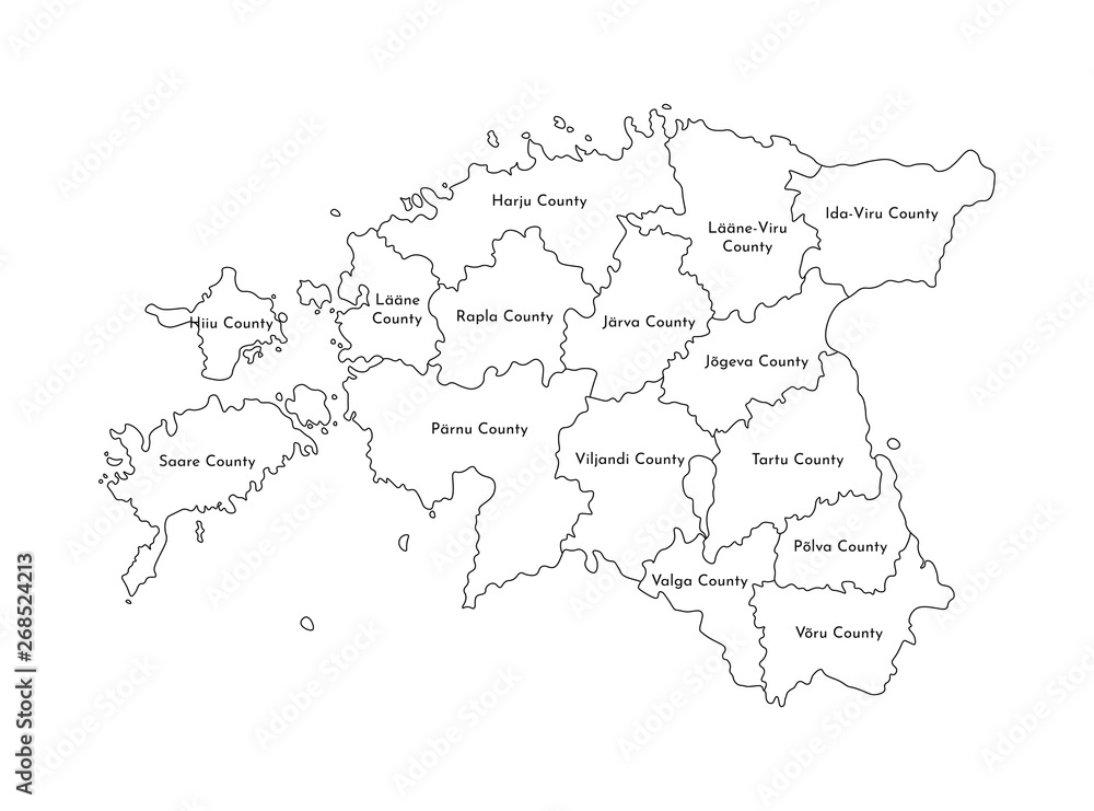 Vector isolated illustration of simplified administrative map of Estonia. Borders and names of the regions. Black line silhouettes