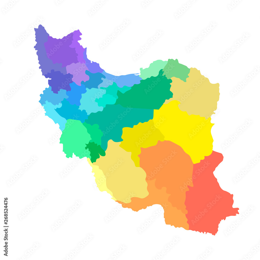 Vector isolated illustration of simplified administrative map of Iran. Borders of the provinces. Multi colored silhouettes