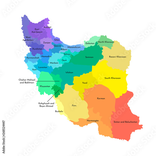 Vector isolated illustration of simplified administrative map of Iran. Borders and names of the provinces. Multi colored silhouettes photo