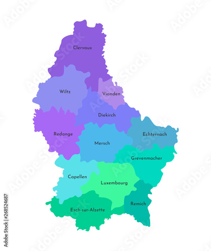 Vector isolated illustration of simplified administrative map of Grand Duchy of Luxembourg. Borders and names of the cantons. Multi colored silhouettes photo