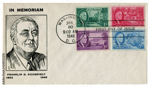 Washington D.C., The USA  - 30 January 1946: US historical envelope: cover with cachet portrait of President Franklin Delano Roosevelt, four postage stamps, first day of issue