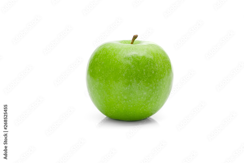 Ripe green apple with leaf on a white background . Ripe green apple with leaf on a white background .