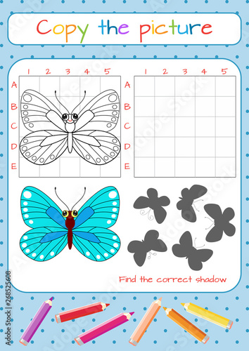 Funny little butterfly. Copy the picture. Coloring book. Educational game for children. Cartoon vector illustration