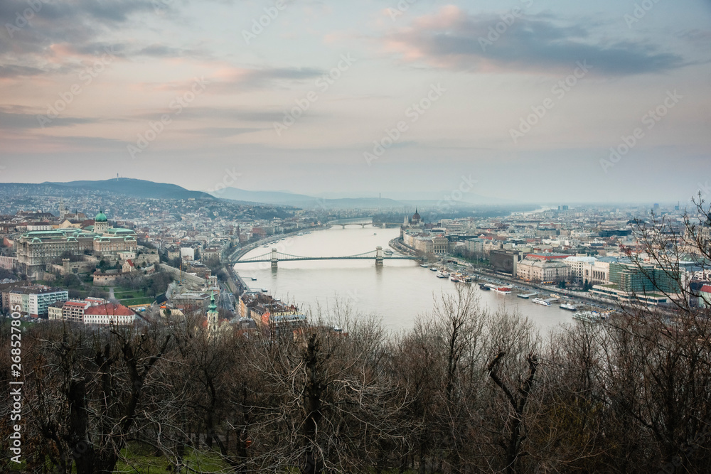 Sunset view of the city of Budapest on a cloudy day. Sunset view of the city of Budapest on a cloudy day.