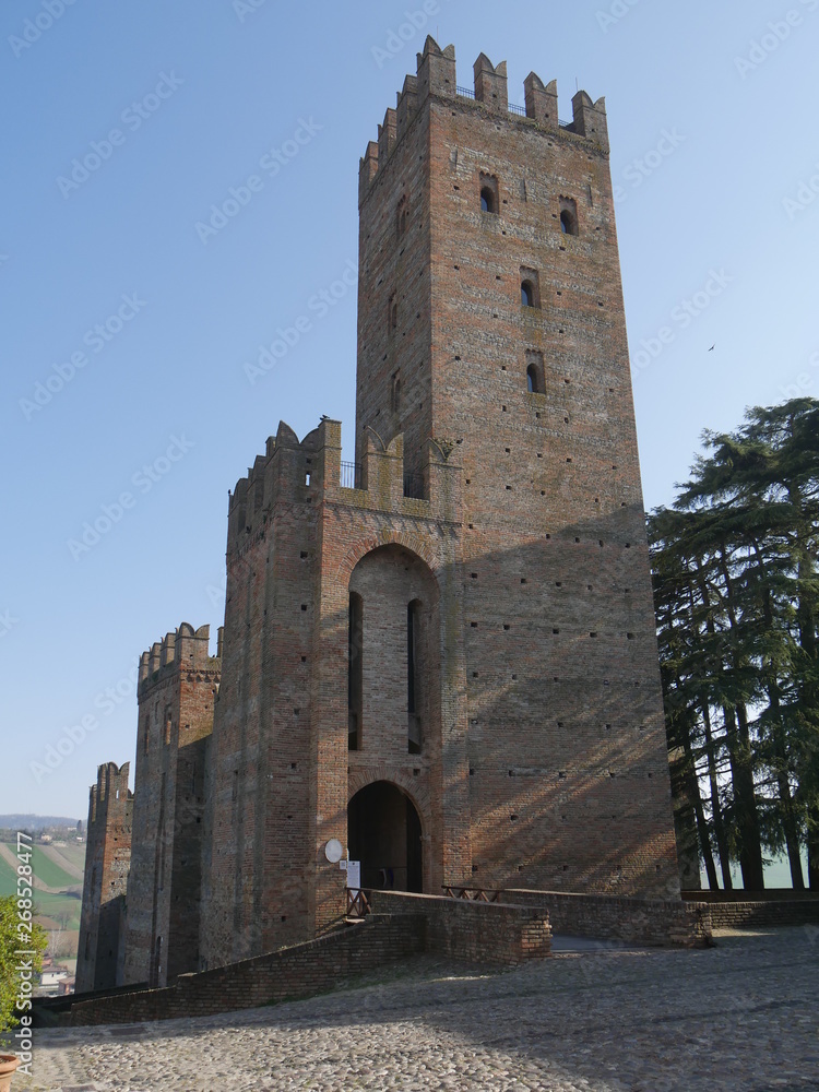 Visconti Castle in Castell'Arquato. Visconti Castle was the seat of the Visconti garrison and has a quadrangular plan with four towers, a mastio and a ditch with two entrances. Visconti Castle in Castell'Arquato. Visconti Castle was the seat of the Visconti garrison and has a quadrangular plan with four towers, a mastio and a ditch with two entrances.