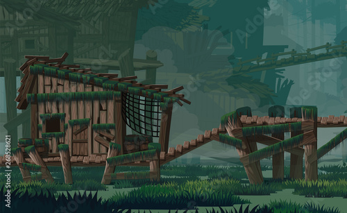 Swampabandoned wooden huts, wooden bridges.