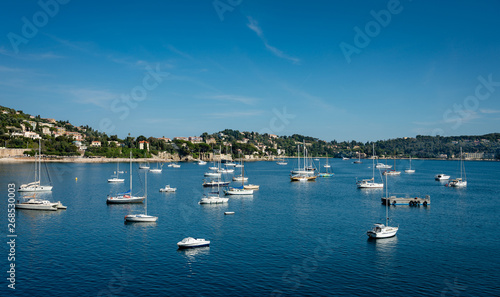 View of the bay in Villefranche-sur-Mer town, Cote d'Azur, French Riviera, close to Nice.