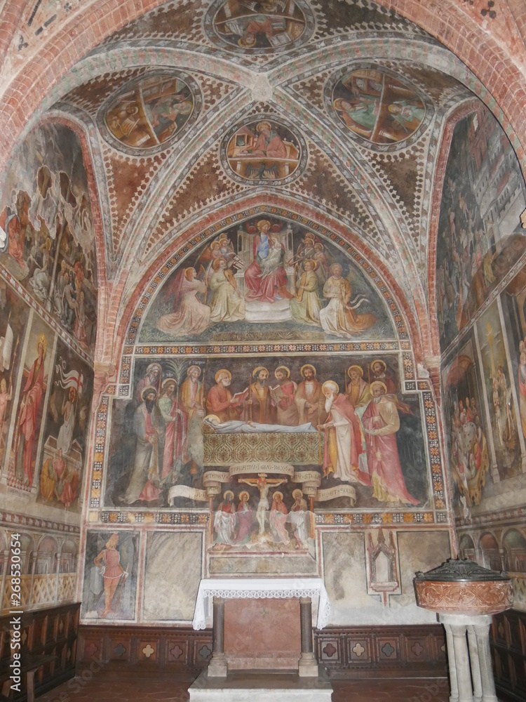 Collegiata church of St Mary in Castell'Arquato. The interior has sculpted capitals, sculptures, baptismal pieve and frescoes. 