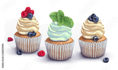 Set of vector cupcakes. A crumbly, gentle wet biscuit with a stunning soft air cream cheese ,mint-flavored, with juicy fresh blueberry, raspberry, mint. Paper got wet from the juiciness of the cake