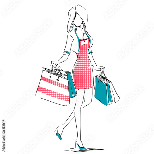Sketch with elegant girl with shopping bags