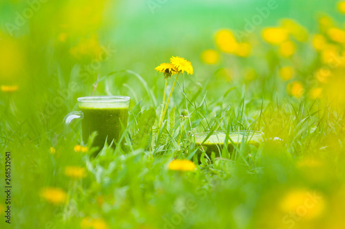 Green dandelion and green cocktail. Healthy food.