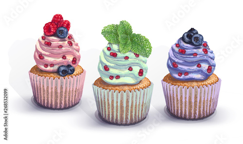 Set of vector cupcakes. A crumbly, gentle wet biscuit with a colorful soft air cream cheese ,mint-flavored, with juicy fresh blueberry, raspberry pieces, mint. Colorful paper pot got wet from cake